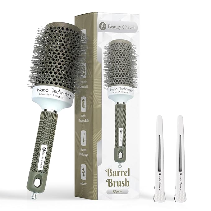 Round Brush,53 mm/2.1Inch Barrel with 2 Clips Round Brush for Blow out with Flexible Nylon 66 Bristles Nano Ionic Heat Resistant Tech for Professional Curling, Styling & Shining Texture