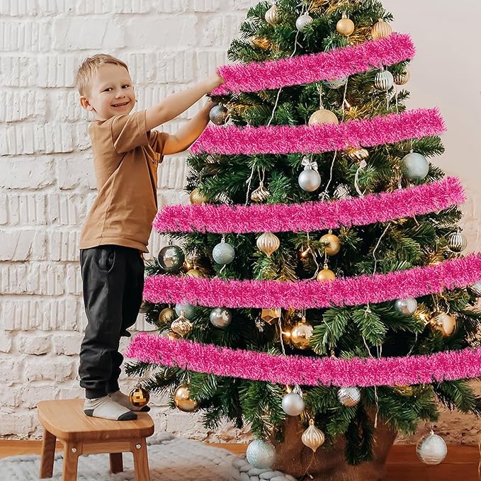 25 Feet Christmas Foil Fringe Banner Metallic Tassle Garland Metallic Backdrop Parade Floats Shiny Hanging Ceiling, Valentine's, Wedding, New Year Party Decorations(4" x 25', Pink)