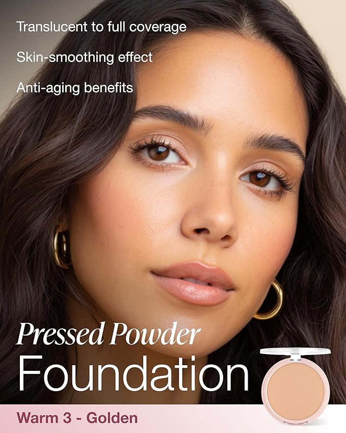 Mineral Fusion Pressed Powder Foundation - Matte Finish Face Powder for Med/Tan Skin with Yellow Undertones - Age Defying Natural Makeup - Talc Free, Vegan, Hypoallergenic (Warm 3)