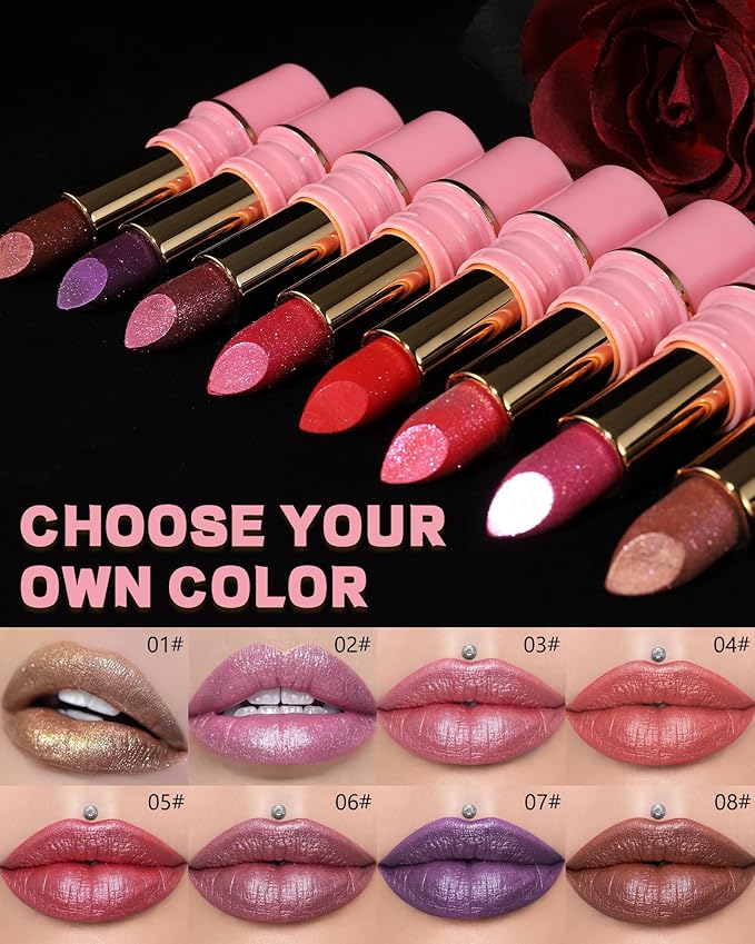 Glitter Metallic Ruby Red Shimmer Lipstick Long Lasting,Glitter Diamond Shine Nude Lipstick Transfer Proof Non-Stick Lip Gloss Shimmer Highly Pigmented Full Coverage Lip Makeup for Women-04
