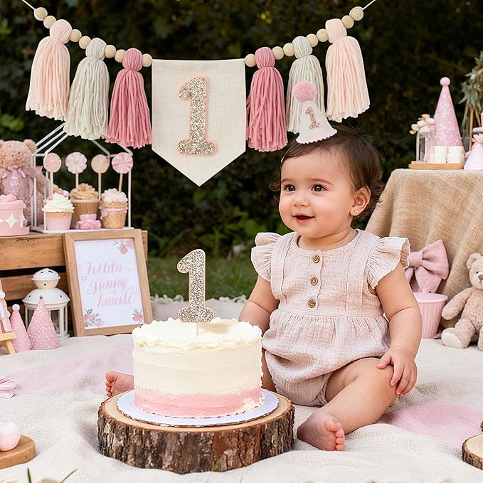 Pink Baby Girl 1st Highchair Banner Wood Bead Tassel Garland Conical Cap Bling Cake Topper Birthday Party Decorations
