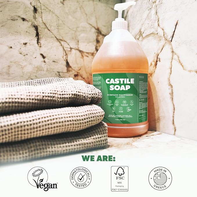 Unscented Castile Soap, Made in Greece, No Palm Oil, Vegan, Pure Organic Castile Soap Liquid - 1 Gallon Multipurpose - Perfect for Body, Bath, Home or Laundry, Professional Pump Included