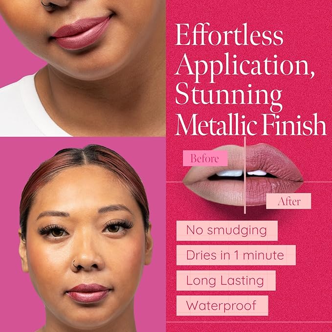 Aromi Metallic Liquid Lipstick | Rosy Chestnut Lip Color with Shimmery Finish, Vegan, Pink Nude Shade, Long-lasting, Waterproof (Alpine Bloom)