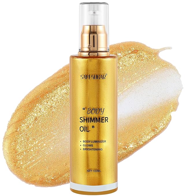Shimmer Body Oil, Long Lasting Moisturizing Body Glow Glitter for Women Face Luminizer Highlighter Makeup 100ml Shimmer Oil for Glowing Skin Lotion (Gold)