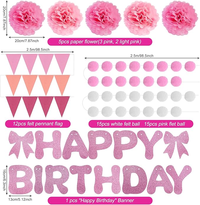 Pink Birthday Party Decorations for Women Girls, DIY Happy Birthday Banner Sign, Felt Pennant Banner, Felt Ball Garland, Tissue Paper Pom Poms, Party Decor Supplies for Daughter Wife Girlfriend