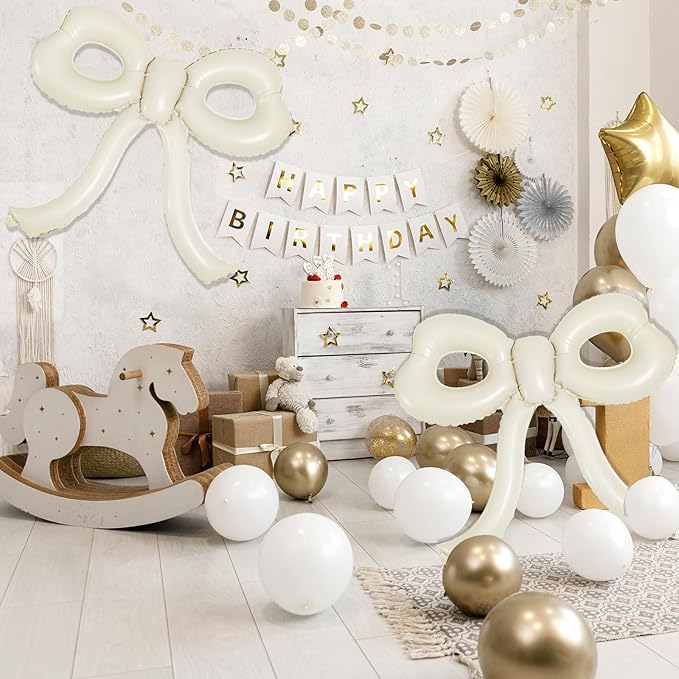 4 Pcs Bow Birthday Decorations Cream Bow Balloons for Girl Women Bow Themed Party Decorations Giant Foil Beige Balloons for Birthday Baby Shower Gender Reveal Wedding Decor Party Supplies