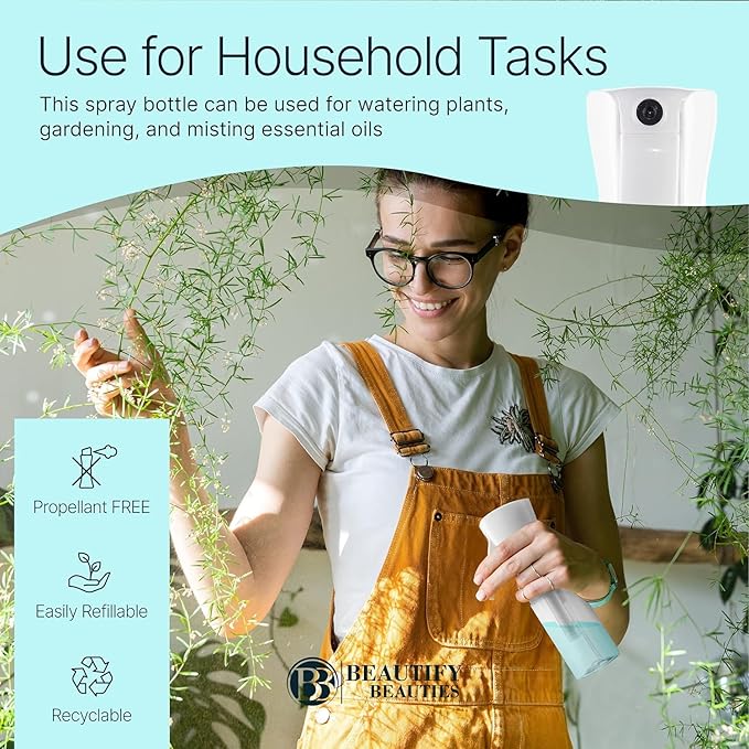 BeautifyBeauties Hair Spray Bottle – Ultra Fine Continuous Water Mister for Hairstyling, Cleaning, Plants, Misting & Skin Care (White, 10.1 Ounces)