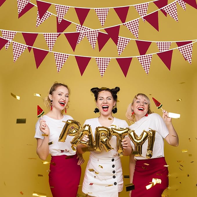 32Ft Burgundy Party Decorations Burgundy Gingham Plaid Checkered Triangle Flag Pennant Fabric Garland Streamers for Graduation Wedding Birthday Baby Shower Picnic Outdoor Home Party Decorations