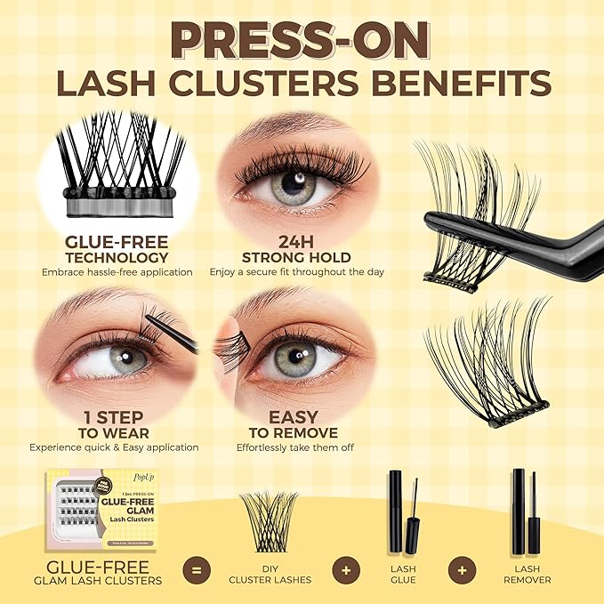 PopUp Self Adhesive Eyelashes Clusters, Press On Lashes Pre Glued Eyelash Extension Kit with Lash Tweezer,10-16mm No Glue No Remover Needed Self Adhesive Lashes Clusters AC01-X