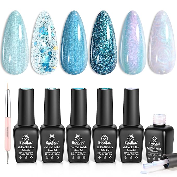 Beetles Blue Gel Nail Polish Set, 6 Colors Shimmer Glitter Jelly Gel Polish Chameleon Pearl White Swirl Shell Thread Effect Winter Nails Ice Blue Collection Soak Off UV Gift for Women