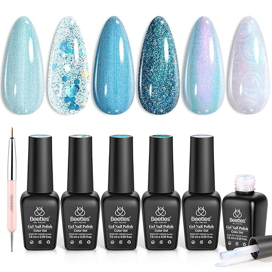 Beetles Blue Gel Nail Polish Set, 6 Colors Shimmer Glitter Jelly Gel Polish Chameleon Pearl White Swirl Shell Thread Effect Winter Nails Ice Blue Collection Soak Off UV Gift for Women