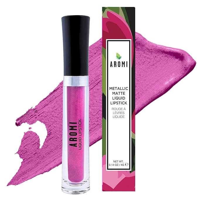 Aromi Metallic Liquid Lipstick | Long-lasting, Fuchsia, Pink Lip Color with Shimmery Finish, Waterproof, Vegan, Cruelty-free, Gluten Free (Moody Magenta)