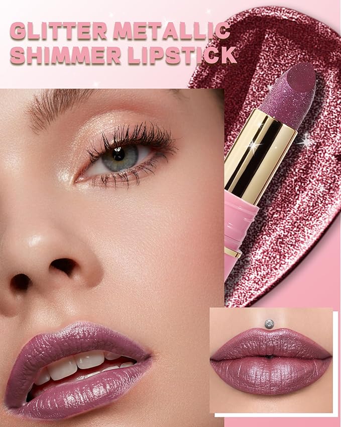 Glitter Metallic Shimmer Lipstick Long Lasting,Glitter Diamond Shine Red Color Matte Lipstick Transfer Proof Non-Stick Lip Gloss Shimmer Highly Pigmented Full Coverage Lip Makeup for Women-06