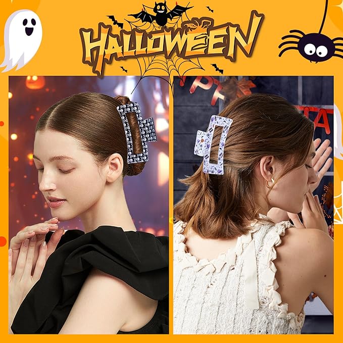 2PCS Halloween Hair Claws for Women - Laser Skull Hat Claw, Pumpkin Bat Witch Clips - Square Clip for Thick and Thin Hair, Strong Hold Jaw Accessories for Halloween Party Decor