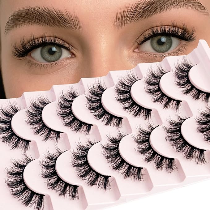 Short Lashes Natural Look Mink Lashes Fluffy Wispy Lashes 14mm Strips Russian D Curl NINGLASH False Eyelashes Cat Eye Lash that Look Like Extensions Fake Eyelash Faux 3D 7 Pairs Lash Pack