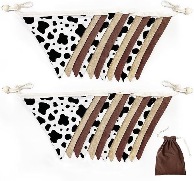 2 Sets of Cow Party Decorations Nursery Garland 24Pcs Brown Western Cowboy Fabric Linen Baby Banner Triangle Pennant Flags for Cowgirls Rodeo Birthday Country Baby Shower Derby Day Go Wild West Decor
