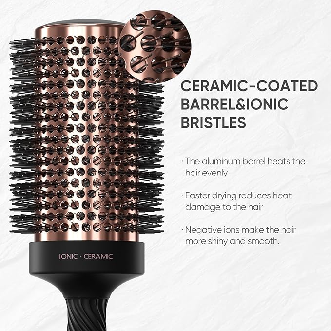 Round Brush for Blow Drying, Ceramic Coated Barrel for Volumizing & Shine, Lightweight Styling Brush for Straightening, Curling,with 4 Hair Clips (1.3inch&2.1inch)