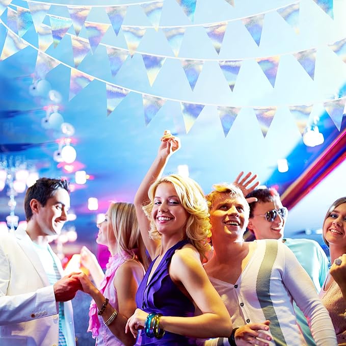 33Ft Iridescent Party Decoration Holographic Fabric Triangle Pennant Banner Flag Cotton Bunting Garland for Birthday Wedding Bridal Shower Bachelorette Engagement Disco Euphoria Galaxy Party Supplies