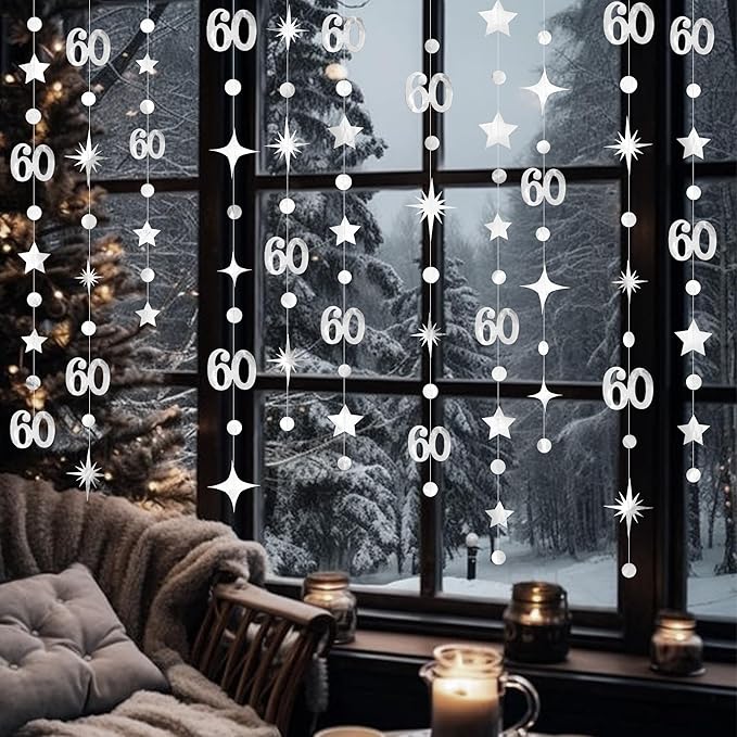 Silver 60th Birthday Decorations Number 60 Circle Dot Star Garland Hanging Streamer Bunting Banner Backdrop for Mens Cheers to 60 Years Old Happy 60th Birthday 60th Anniversary Sixty Party Supplies