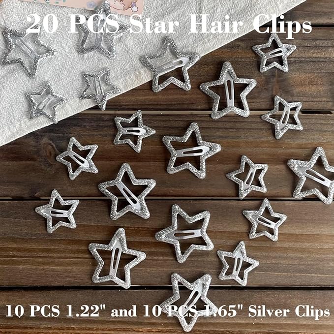 20 PCS Sparkling 1.22" and 1.65"Star Hair Clips Snap Hair Accessories Non Slip Clips for Girls Women Y2K Accessories Silver Metal Hair Clip Hair Barrettes