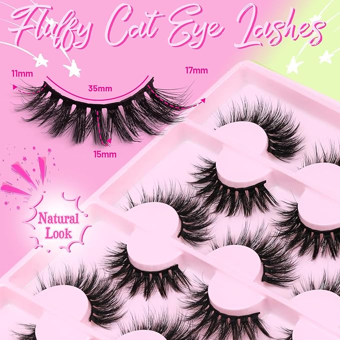 Veleasha Lashes Fluffy Eyelashes 12 Pairs C Curl False Eyelashes Natural Look Wispy Cat Eye Fake Lashes (Dopamine Pink)