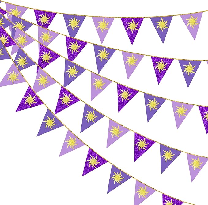 30Ft Purple Sun Party Decorations Purple Pennant Banner Flag Hanging Paper Triangle Bunting with Gold Sun for Birthday Baby Shower Bridal Shower Wedding Bachelorette Engagement Lavender Party Supplies