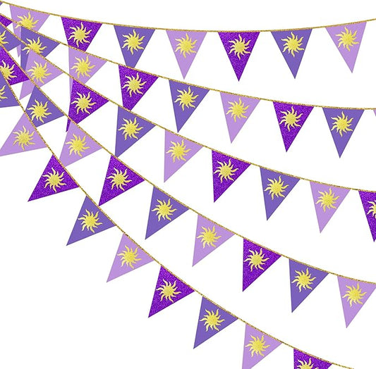 30Ft Purple Sun Party Decorations Purple Pennant Banner Flag Hanging Paper Triangle Bunting with Gold Sun for Birthday Baby Shower Bridal Shower Wedding Bachelorette Engagement Lavender Party Supplies