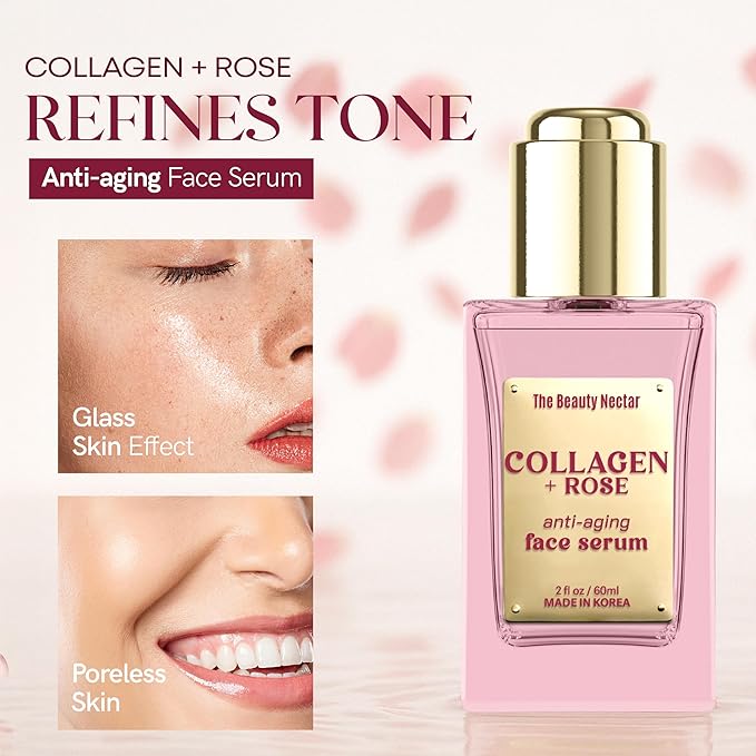 Collagen Face Serum with Rose – Firms Skin, Boosts Hydration, Soothes Dryness – Dermatologist Tested, Anti-Aging, Korean Skin Care – Clean Vegan Formula for Sensitive Skin – 2 Fl Oz