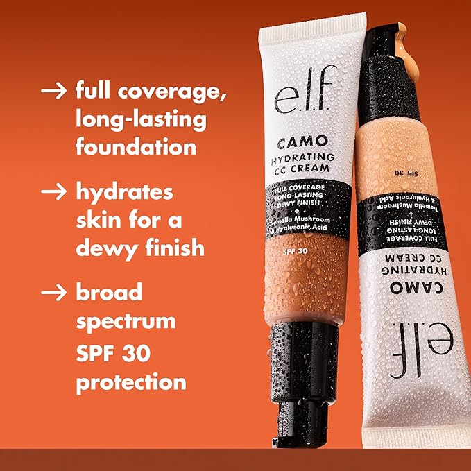 e.l.f. Hydrating Camo CC Cream, SPF 30, Color Correcting Full Coverage Foundation For A Dewy Finish, Vegan & Cruelty-Free, Tan 450 N