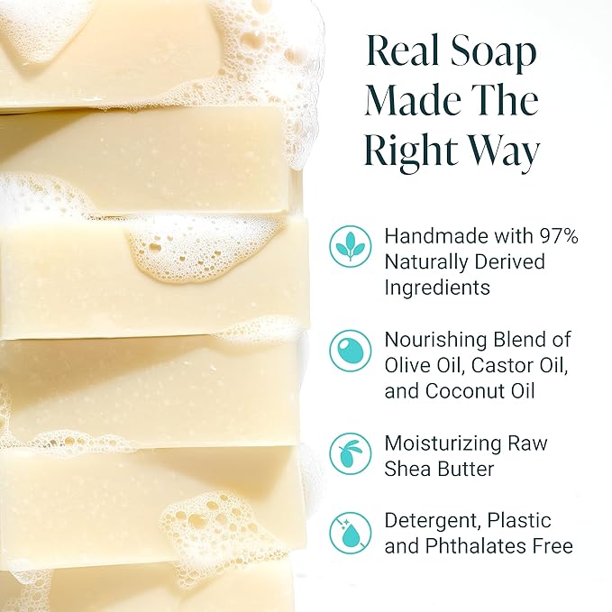 The Bubble Factory Handmade Natural Bath & Body Soap Bar, Vegan, All-Natural, Palm Oil Free, Made in USA with Shea Butter + Essential Oils, Unscented, 3 Bars