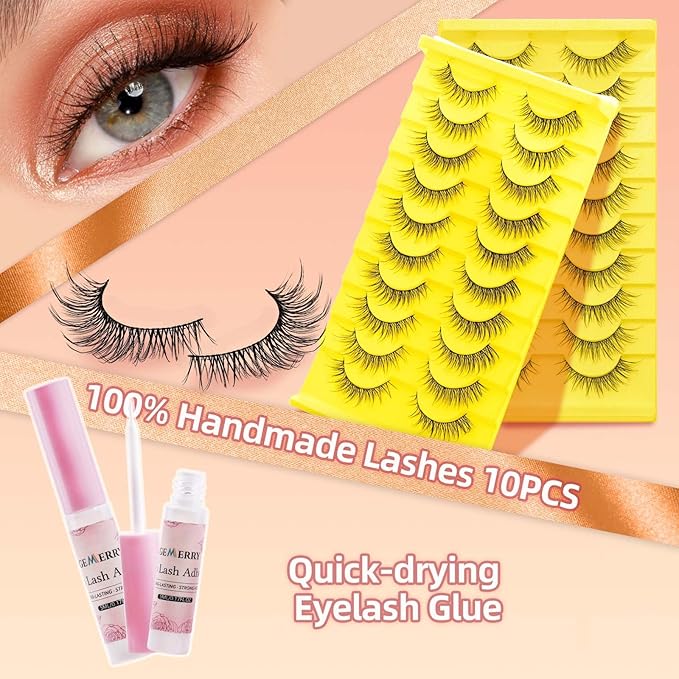 Strip Lashes Kit Natural False Eyelashes With Lash Glue Soft 10 Pairs Fake Eyelashes Strip Eyelashes Kit by GEMERRY