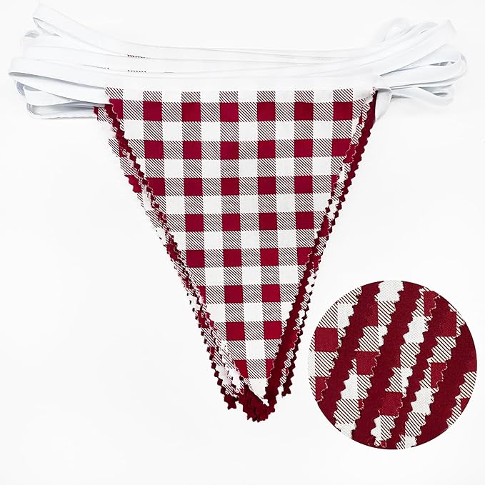 32Ft Burgundy Party Decorations Burgundy Gingham Plaid Checkered Triangle Flag Pennant Fabric Garland Streamers for Graduation Wedding Birthday Baby Shower Picnic Outdoor Home Party Decorations