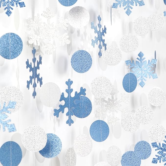 Snowflake-Snow Silver-Blue Christmas Party-Decorations Garland - 58Ft White Winter Wonderland Frozen Hanging Paper Streamers Banner,Birthday Baby Bridal Shower Wedding New Year Supplies Decor Ouruola