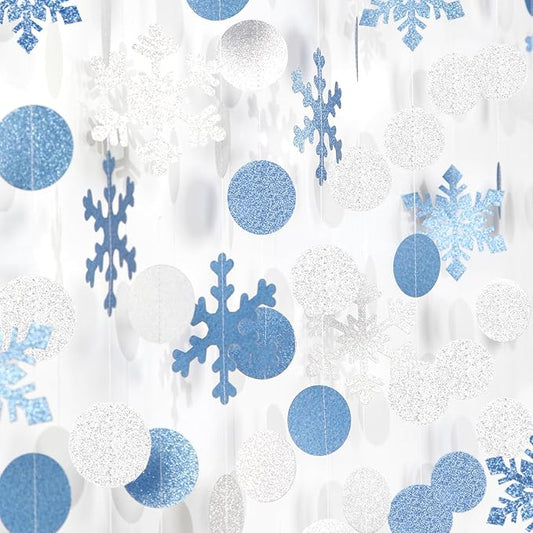 Snowflake-Snow Silver-Blue Christmas Party-Decorations Garland - 58Ft White Winter Wonderland Frozen Hanging Paper Streamers Banner,Birthday Baby Bridal Shower Wedding New Year Supplies Decor Ouruola