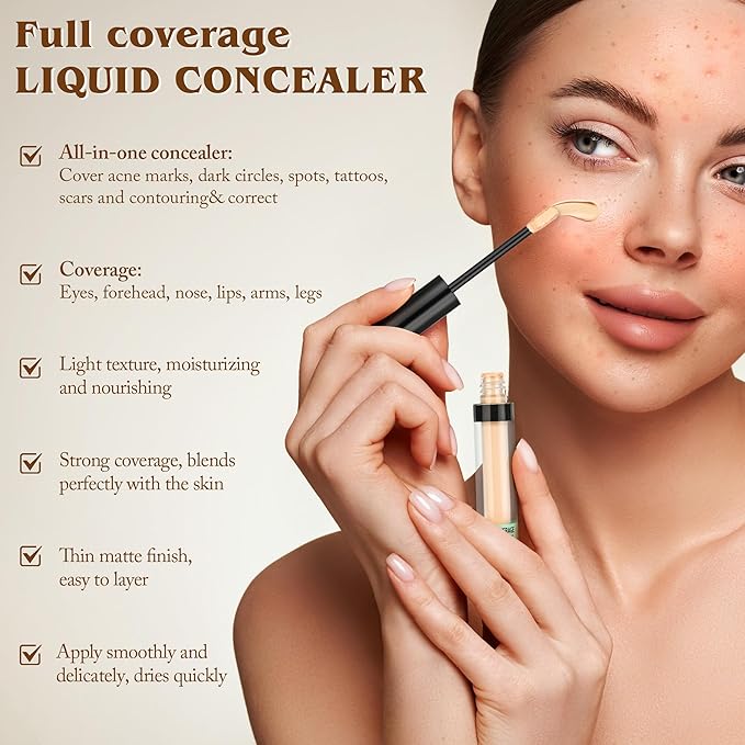 Full Coverage Liquid Concealer, Foundation Makeup for Older Women, Covers Blemishes & Under-Eye Circles, Spots, Matte Finish, Hydrating Primer for Correct, 0.06 fl oz, Vegan & Cruelty-Free (A01#Fair)