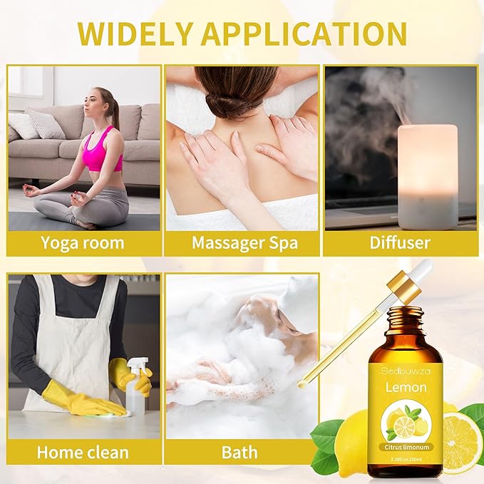Sedbuwza Lemon Essential Oil 3.38 Fl OZ, 100% Pure Undiluted Lemon Oil for Diffuser, Aromatherapy, Perfumes, Candle, Soap Making