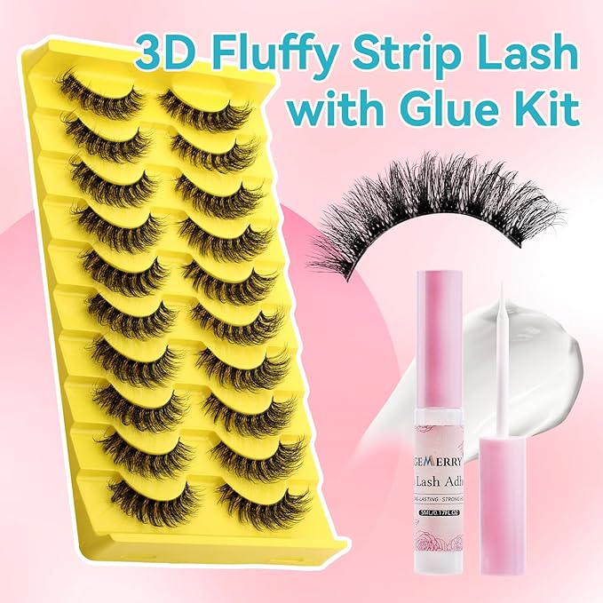 Strip Lashes Kit Mink False Lashes With Strip Lash Glue Mink Wispy 10 Pairs False Eyelashes Magnetic Lashes Kit by GEMERRY, A05