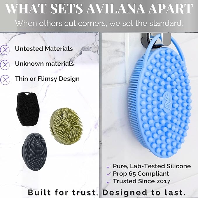 Avilana Silicone Body Scrubber - Food Grade & Lab Tested, Gentle Exfoliating Shower Brush for All Skin Types, Hygienic Quick-Dry Loofah Alternative (Pink, Exfoliate-Silver)
