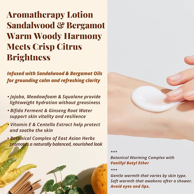 Sandalwood & Bergamot Aromatherapy Lotion – Plant-Based Nourishing Hydration, Natural Essential Oil Aroma & Gentle Warming Massage, Soothing Wood-Citrus Body Moisturizer, 3.4 fl oz / 100ml