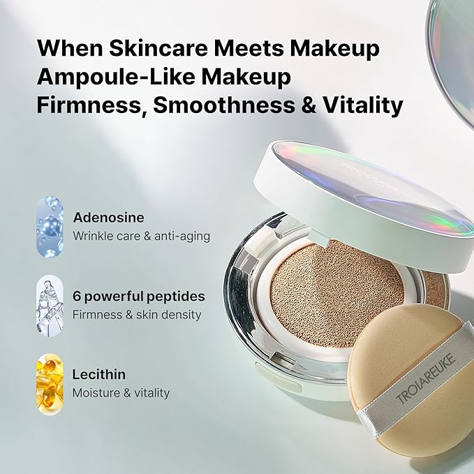 TROIAREUKE Seoul "Bridal" Cushion Foundation(#21, Pink Beige), Korean Cushion Foundation, K-Beauty, Hydrating, Long-lasting, Lightweight, Natural Finish, Anti-Aging, Moisture, Whitening, SPF 50+