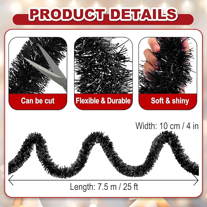 25 Feet Christmas Foil Fringe Banner Metallic Tassle Garland Metallic Backdrop Parade Floats Shiny Hanging Ceiling, Valentine's, Wedding, New Year Party Decorations(4" x 25', Black)