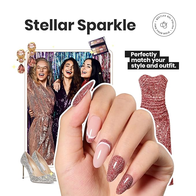 Beetles Glitter Nail Polish Set, 6 Color Silver Pink Gold Red Brown Black Quick Air Dry Nail Polish Natural Elegant Nail Lacquer Manicure DIY Nail Art Salon Christmas Gifts For Women