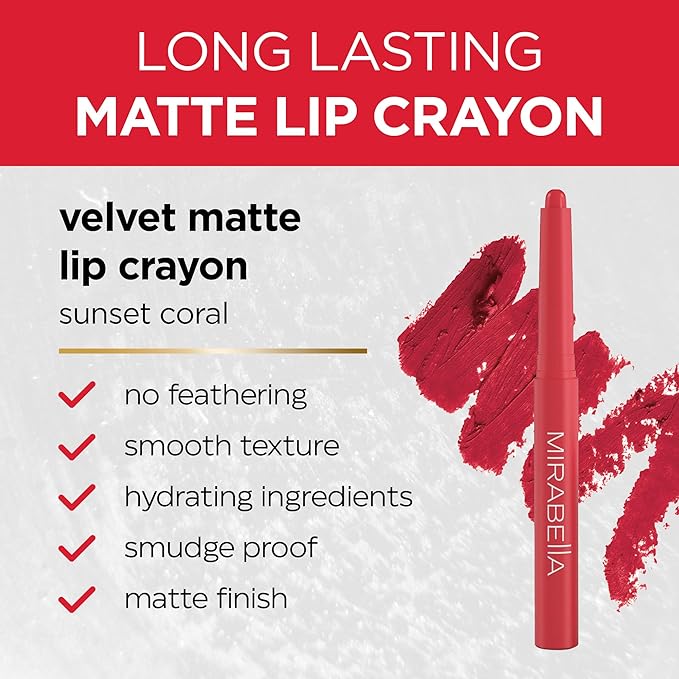 Mirabella - Velvet Matte Lip Crayon, Retractable Highly-Pigmented 2-in-1 Makeup, Long-Lasting Hydrating Lipstick Crayon + Lip Liner, Moisturizing Cream-to-Matte Lipcare Formula, Sunset Coral