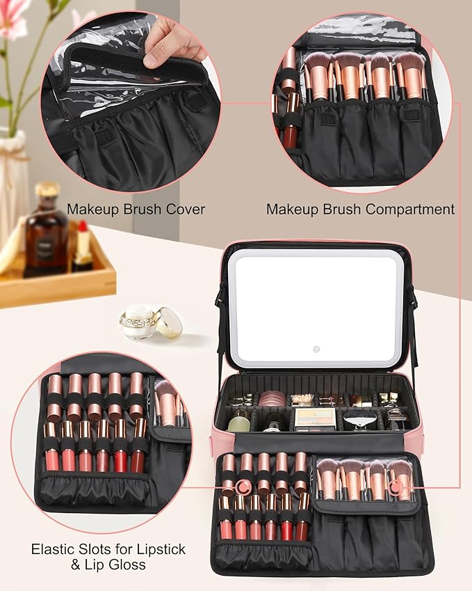 Relavel Makeup Bag with LED Mirror, 15 inches Large Makeup Case with Lighted Up Mirror Travel Cosmetic Train Case Organizer Vanity Case for Makeup Artists, 3 Color Lights & Adjustable Dividers (Pink)