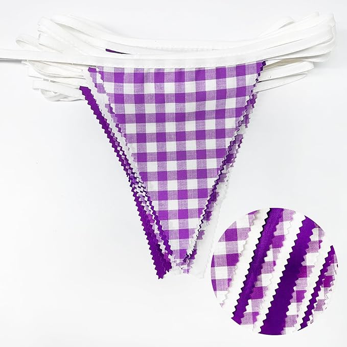 32Ft Purple Party Decorations Purple Buffalo Plaid Checkered White Triangle Flag Gingham Pennant Banner Fabric Garland for Wedding Birthday Picnic BBQ Outdoor Lavender Mermaid Party Decor Supplies