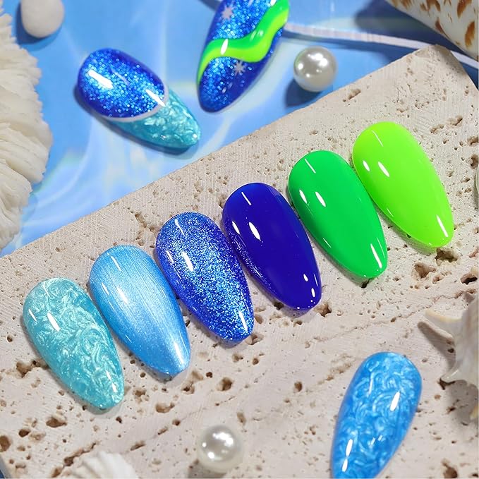 BORN PRETTY 6 Colors Shimmer Swirl Pacific Blue Glitter Blue Green Gel Polish Swirl Shell Thread Effect Soak Off Nail Art Design Salon Home Manicure Gift