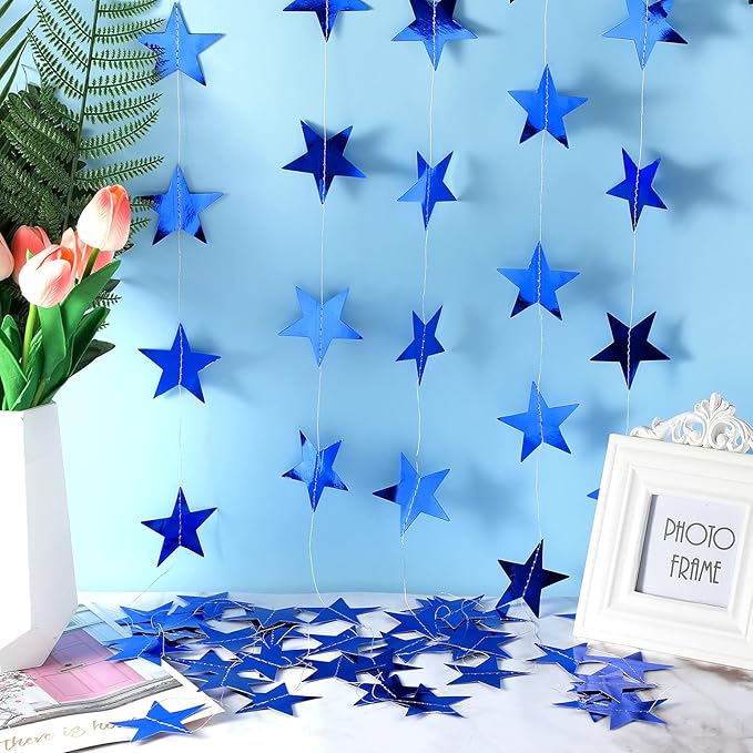 Patelai Glitter Star Garland Banner New Years Decor 130 Feet Star Hanging Banner Twinkle Backdrop for Birthday Classroom Wedding Halloween Christmas Party Supplies(Royal Blue)