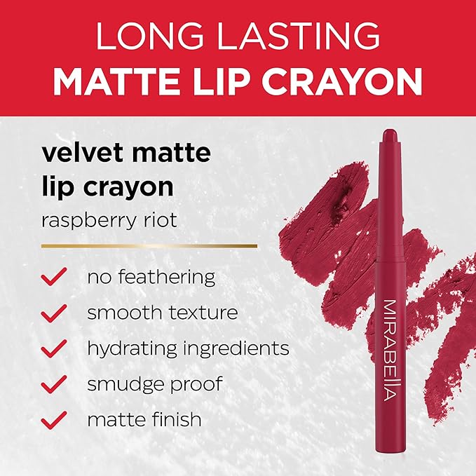 Mirabella - Velvet Matte Lip Crayon, Retractable Highly-Pigmented 2-in-1 Makeup, Long-Lasting Hydrating Lipstick Crayon + Lip Liner, Moisturizing Lipcare Formula, Raspberry Riot