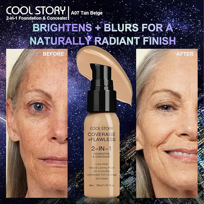 2-in-1 Foundation and Concealer Long Wear Natural Matte Finish Lightweight Coverage (Tan Beige)