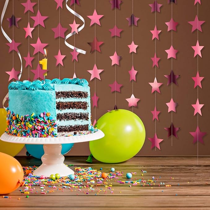 Patelai Glitter Star Garland Banner New Years Decor 130 Feet Star Hanging Banner Twinkle Backdrop for Birthday Classroom Wedding Halloween Christmas Party Supplies(Rose Pink)